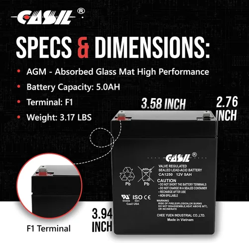 Vista 4 de Casil Batería de repuesto de 12 V 5 AH compatible con Razor E125 E150 Batería de Scooter Eléctrico - Paquete de 2