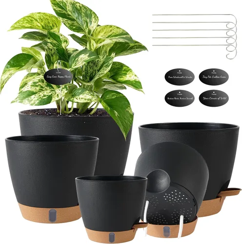Vista 12 de Paquete de 5 macetas de riego automático de 6 pulgadas para plantas de interior, macetas pequeñas de plástico con indicador de nivel de agua