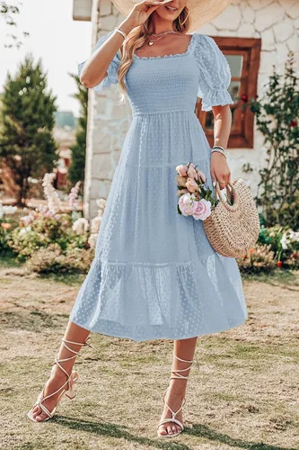 Vista 7 de MEROKEETY - Vestido de verano con lunares suizos para mujer vestido midi con cuello cuadrado, mangas abombadas, volados, lazo en la espalda