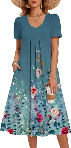 Vista 20 de Zeagoo Vestido de verano para mujer, casual, floral, midi, con bolsillos, cuello en V, plisado, manga corta, estilo alineado, para vacaciones