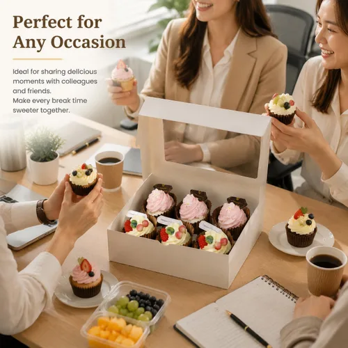 Vista 5 de Pralb Paquete de 20 cajas blancas para cupcakes con insertos, 6 soportes, cajas blancas estándar de panadería con ventana de PVC, recipientes