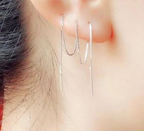 Vista 5 de A Pair 925 Sterling Silver Tassel Threader Drop Earrings Long Chain Ear Line
