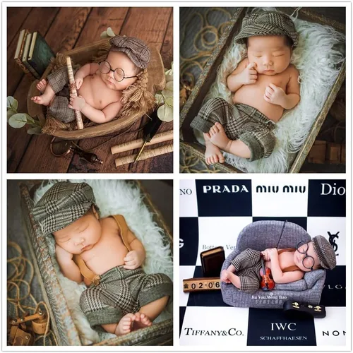 Vista 4 de Accesorios para fotografías de bebé recién nacido o de meses, con gorra a rayas y mameluco