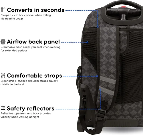 Vista 6 de J World Sundance Mochila Rodante para Laptop para Niñas y Niños. Mochila Escolar con Ruedas, Rombos negro, 20 pulgadas
