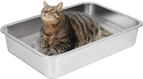Vista 11 de IKITCHEN Caja de arena de acero inoxidable para gatos, bandeja de arena de metal grande para gatos, caja de arena para gatos nunca absorbe olores