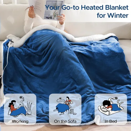 Vista 8 de Manta Térmica de 50"x60", Franela Ultra Suave y Sherpa Manta Eléctrica, Calentamiento Rápido y Protección contra Sobrecalentamiento, 9 Temperaturas