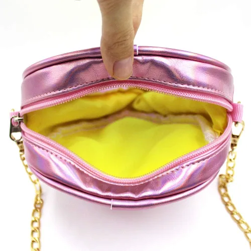 Vista 5 de ZGMYC Bolso cruzado de holograma con patrón alienígena con purpurina y correa de cadena para niños, adolescentes, niñas y mujeres, Rosado
