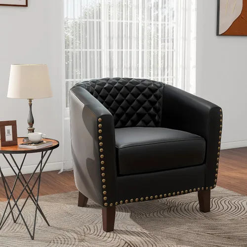 Vista 15 de Pia Ricco Silla de Acento Tipo Barril de Cuero Sintético, Silla de Club Moderna con Brazos, Cómoda Silla Individual Tapizada con Patas de Madera