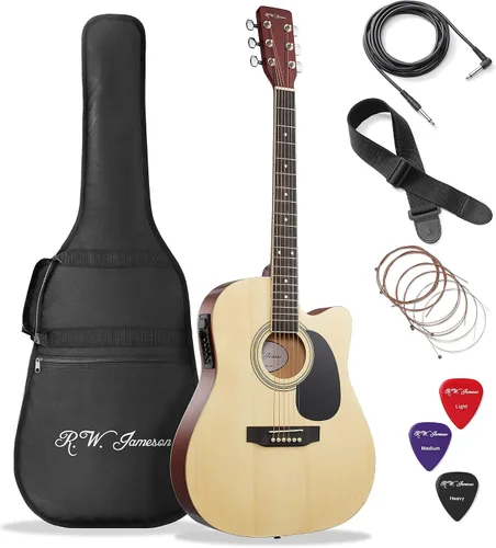 Vista 15 de Jameson Guitars - Guitarra eléctrica acústica Thinline de tamaño completo con funda y púas, negra, para diestros