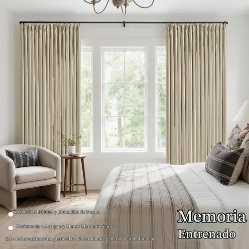 Vista 2 de Juego de 2 paneles de cortinas plisadas opacas de 96 pulgadas para oscurecer la sala de estar, lino grueso, texturizado, 100% negro, cortinas Avena