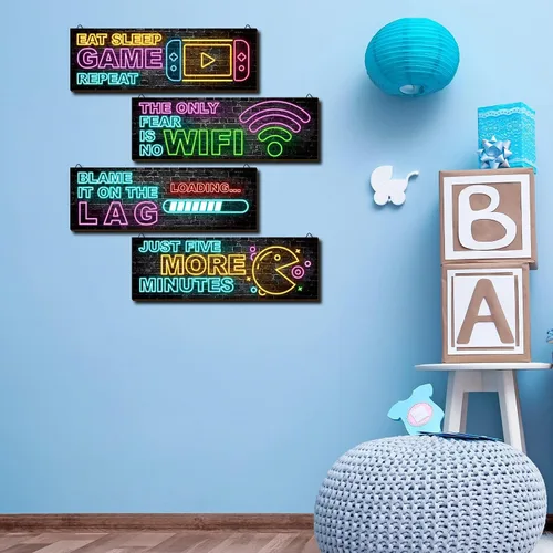 Vista 7 de clothmile 4 piezas de decoración de juegos de neón para la habitación de los niños, arte de pared de videojuegos de madera, cita motivacional