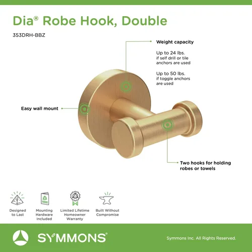 Vista 3 de Symmons 353DRH-BBZ - Gancho doble para bata montado en la pared en bronce cepillado, talla única