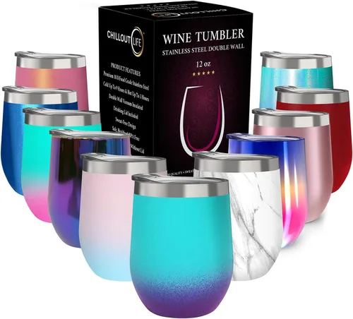 Vista 50 de CHILLOUT LIFE - Vaso de acero inoxidable de 12 onzas con tapa y caja de regalo, diseño de viaje con recubrimiento en polvo, aislamiento al vacío