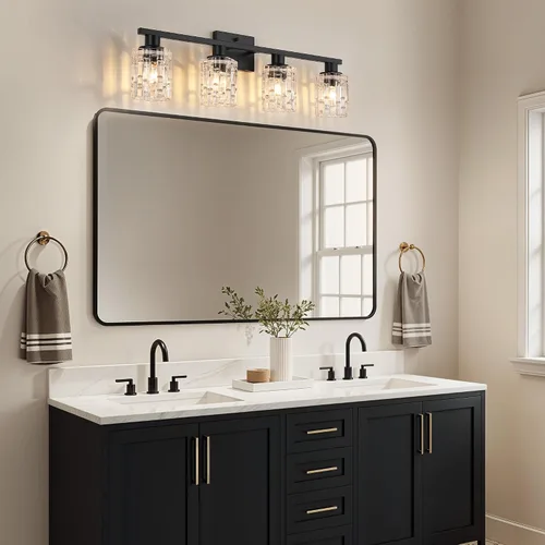 Vista 2 de Lámpara de tocador de baño de 4 luces negras mate, iluminación moderna de tocador con pantalla de vidrio de cristal, accesorios de iluminación