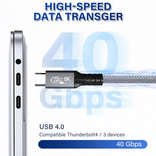 Vista 2 de LanSenSu Cable USB4 de 240 W, 1 pie, transmisión de datos de 40 GBps, carga súper rápida PD de 240 W (48 V5A), extensión HD de 8K a 60 Hz