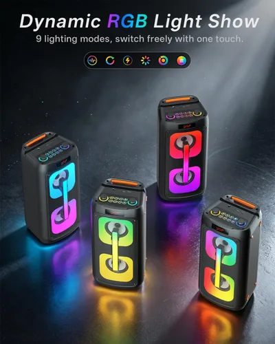 Vista 7 de Máquina de karaoke con 2 micrófonos inalámbricos, sistema PA portátil con luces LED, Bluetoot 5.3, altavoz de fiesta compatible con tipo C, USB