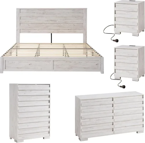 Vista 15 de Juego de 5 piezas para dormitorio de granja, incluye marco de cama tamaño Queen con cabecera alta, cómoda rústica de 6 cajones, cómoda alta de 5