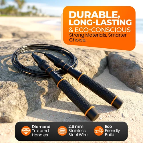 Vista 4 de LYRA - Cuerda de saltar de velocidad ajustable – Rodamientos de bolas de 360°, cable de acero y asas de aluminio – Bajo doble rápido