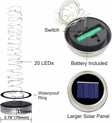 Vista 3 de Juego de 6 luces solares para tapa de tarro, paquete de 20 luces LED impermeables con diseño de estrella de hadas y luciérnaga, para decoración