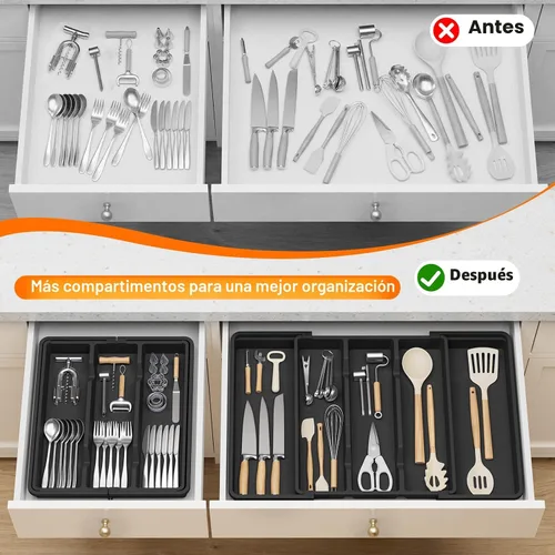 Vista 4 de Organizador grande de cubiertos, organizador de cajones de utensilios expandible para cajones de cocina, organizador de cajones de cocina