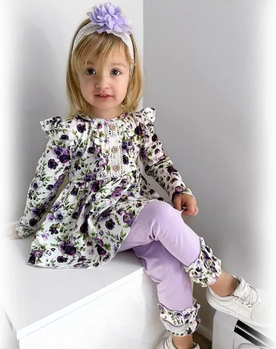 Vista 2 de HINTINA Conjunto de ropa de 2 piezas para niña pequeña con volantes y manga larga