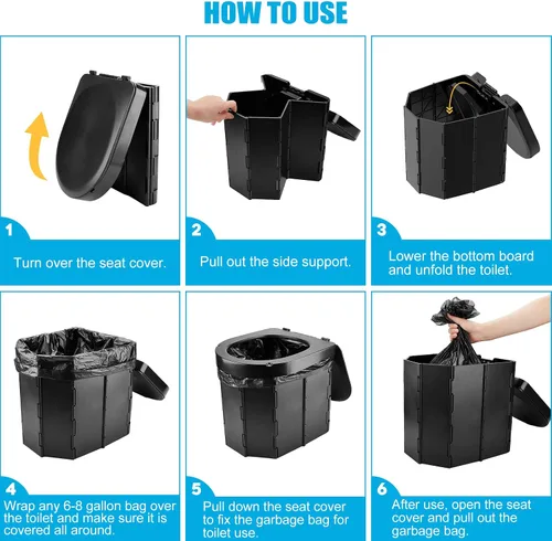 Vista 8 de Inodoro portátil para acampar, inodoro plegable para adultos con tapa y soporte retráctil para papel higiénico, inodoro portátil impermeable