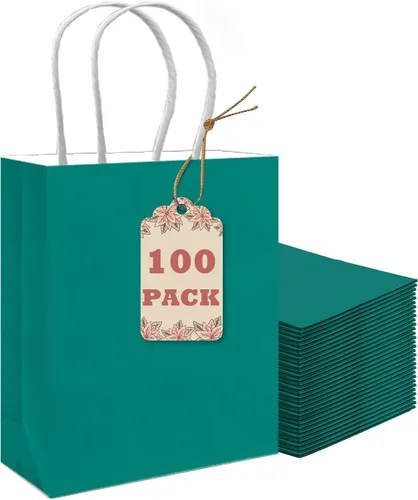 Vista 13 de qiqee Bolsas de regalo pequeñas de papel multicolor con asas a granel para fiesta arcoíris - 8.3"x6"x3.15" 100 piezas