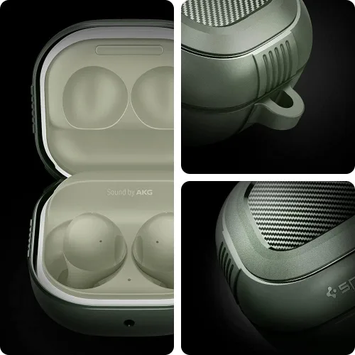 Vista 3 de Spigen Rugged Armor para Galaxy Buds Core, Buds FE, Buds 2 Pro y Buds Live TPU y PC de doble capa, protección contra caídas, mosquetón incluido