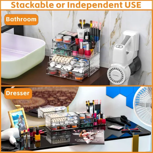 Vista 4 de Organizadores de maquillaje acrílicos transparentes y almacenamiento para tocador, organizador de cuidado de la piel para baño con 5 cajones