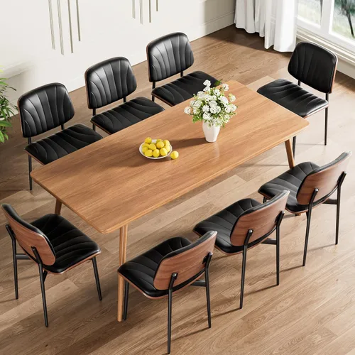 Vista 39 de Juego de 2 sillas de comedor, modernas sillas tapizadas de piel sintética de mediados de siglo con respaldo de nogal y patas de metal, pies