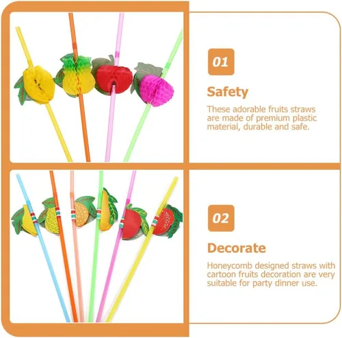 Vista 9 de Kichvoe Paquete de 60 pajitas de fiesta con temática hawaiana, agitadores de bebidas en forma de fruta para niños y niñas, pajitas de plástico
