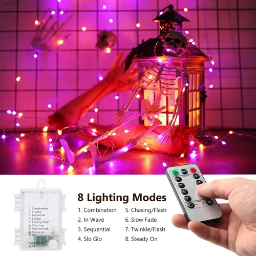 Vista 2 de BrizLabs luces de Halloween moradas y naranjas, guirnalda de luces de 17.48 pies con 50 LED para Halloween, con control remoto, 8 modos
