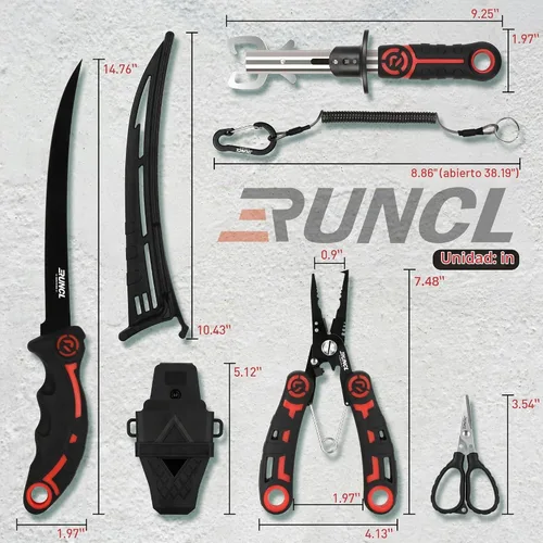 Vista 5 de RUNCL - Juego de herramientas de pesca de 4 piezas, alicates de pesca, cuchillo de filete de pescado con afilador, pinza de labios de pescado