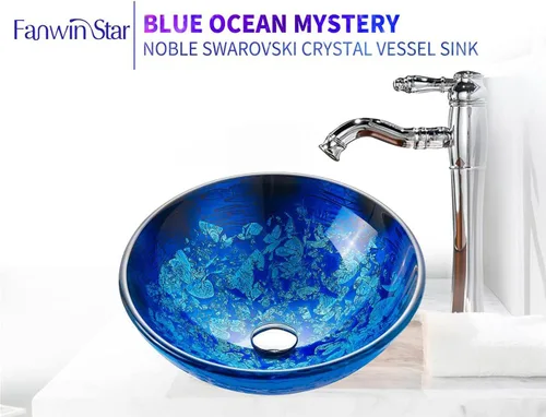 Vista 6 de Blue OceanMystery Series - Fregadero de baño de vidrio templado decorativo en azul estrellado Fregaderos de montaje superior sobre encimera