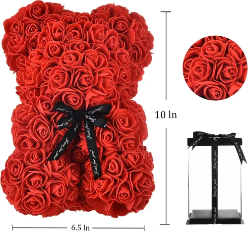 Vista 7 de oso de peluche hecho de rosas, diseño de rosas en cada oso, perfecto para aniversario, incluye caja de regalo transparente 10 pulgadas.