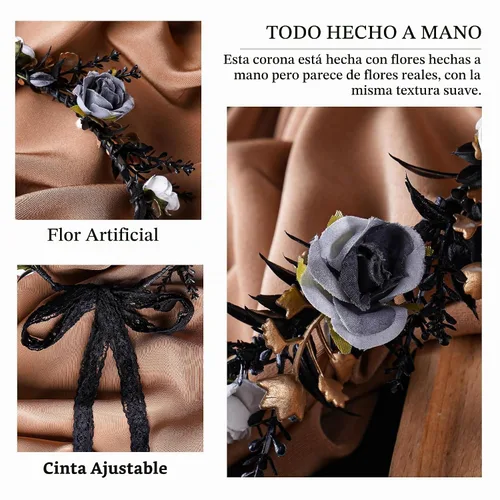 Vista 3 de MOSTORY Tocado de flores negras, corona floral de hada, corona de elfo oscuro, círculo de elfos para el Renacimiento, Halloween, gótico, boda