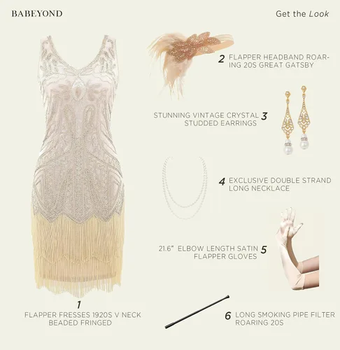 Vista 3 de BABEYOND Conjunto de vestidos flapper para mujer, con cuello en V de los años 20, con flecos y flecos, con accesorios
