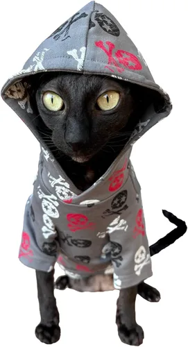 Vista 16 de Sudadera con capucha de gato calaveras en negro 100% algodón para Sphynx y gatos desnudos (grande)