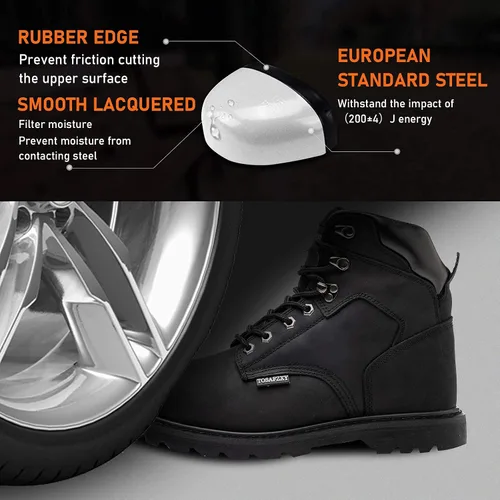 Vista 4 de Botas de seguridad laboral para hombre, de cuero Crazy-Horse duradero, con puntera de acero indestructible, impermeables y antideslizantes, mejor