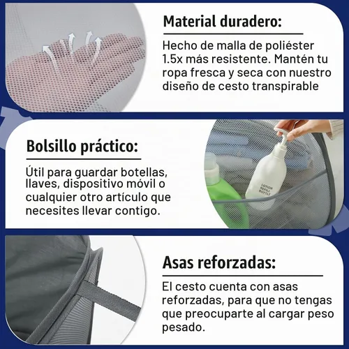 Vista 4 de Cesta plegable de malla desplegable con bolsillo lateral y asas, color gris Negro
