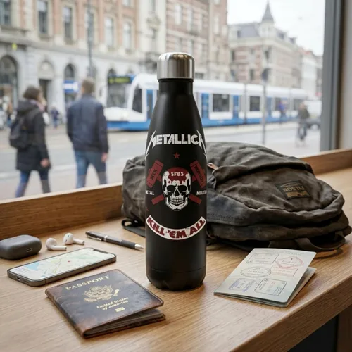 Vista 2 de Rocksax Metallica Kill 'Em All Botella de Agua Aislada al Vacío de Acero Inoxidable – 16.9 fl oz Botella Coleccionable de Banda de Rock para Bebida