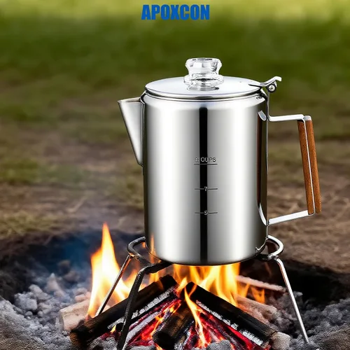 Vista 3 de APOXCON Cafetera de acero inoxidable con perilla de vidrio para usar en cualquier estufa, sin aluminio, sin plástico (9 tazas)