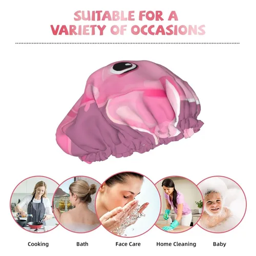Vista 9 de Gorro de ducha reutilizable con estampado de cerdo rosa para mujer, doble capa impermeable, gorro de baño de secado rápido
