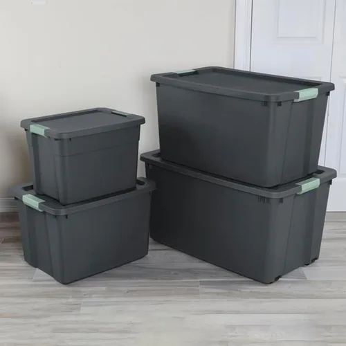 Vista 8 de Sterilite - Paquete de 6 contenedores de almacenamiento de plástico apilables con tapas y pestillo, 12 galones, gris/verde - Cajas con cierre