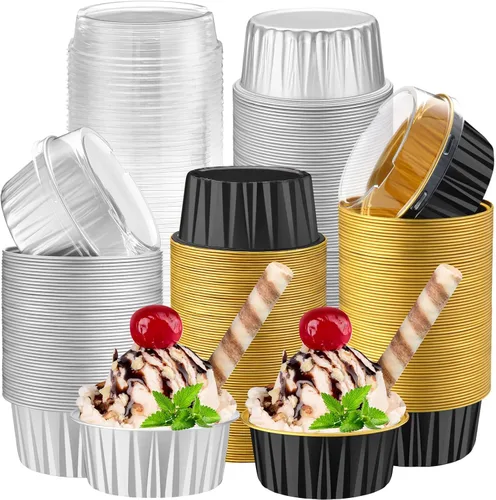 Vista 10 de Paquete de 200 forros de aluminio para cupcakes con tapas, color negro, liso 5 oz Round Baking Cup, Disposable Ramekin Container, Wedding