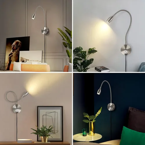 Vista 2 de Luz LED de lectura de pared con puerto de carga USB, interruptor regulable táctil, lámpara de noche de cuello de cisne, brazo flexible, 3 W