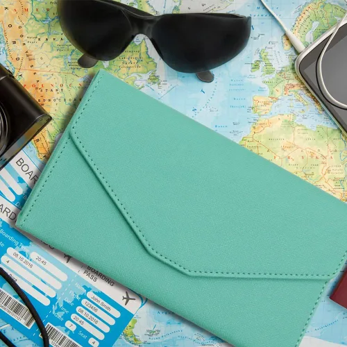 Vista 6 de Billetera de viaje multiusos, con bloqueo RFID, soporte para pasaporte, organizador de documentos, funda para pasaporte, tarjeta de crédito, Verde