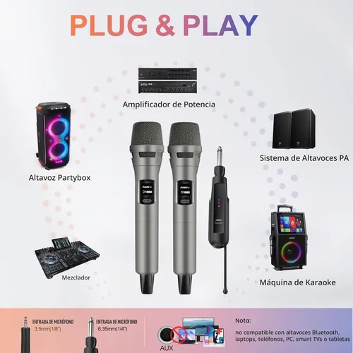 Vista 3 de Sistema de micrófono inalámbrico Aveek de 2.4GHz, micrófonos recargables y receptor, plug & play para máquina de karaoke, altavoces de fiesta