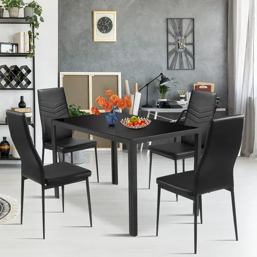 Vista 6 de Giantex Juego de 5 mesas de comedor para 4, mesa y sillas de cocina de vidrio moderna, mesa rectangular de marco de metal con cuero acolchado de 4