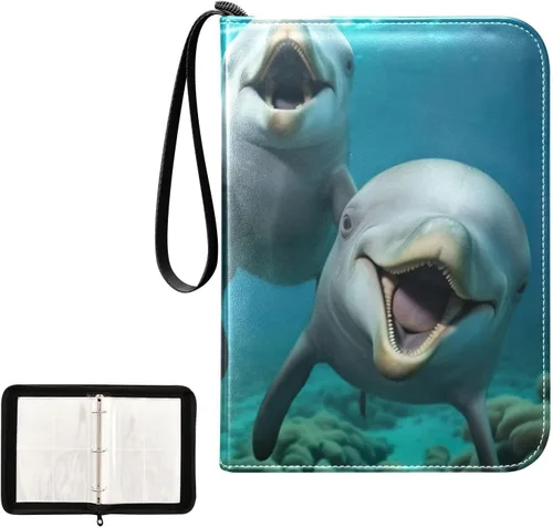 Vista 2 de Cute Dolphins - Carpeta de tarjetas de 4 bolsillos para 400 tarjetas de intercambio estándar, álbum impermeable para TCG, CCG, MTG, regalos